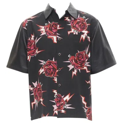 Pre-owned Prada 2019 Black Red Rose Bolt Cotton Leather Boxy Bowling Shirt Eu48 M
