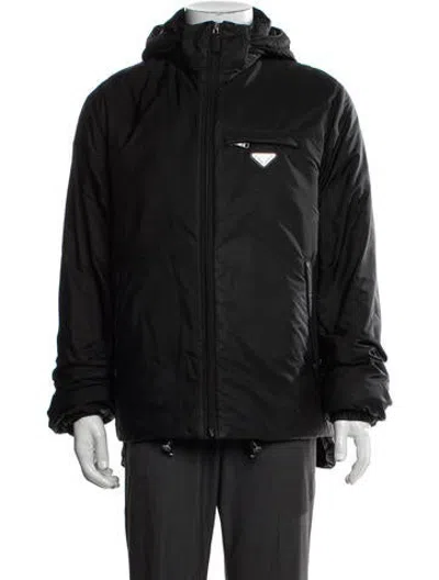 Pre-owned Prada 2019 Enameled Metal Triangle Puffer Coat In Black