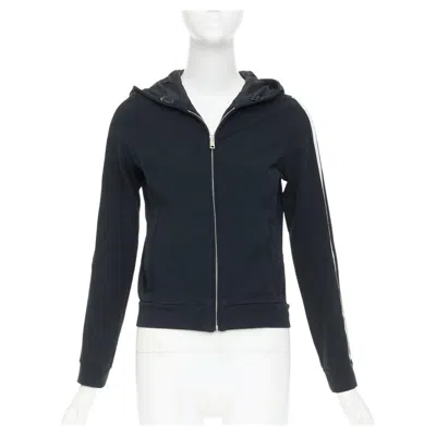 Pre-owned Prada 2019 Linea Rossa Cotton Blend Striped Zip Front Logo Side Cropped Hoodie M In Black