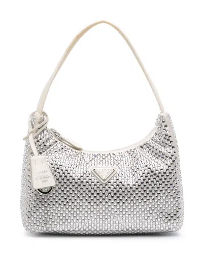 Pre-owned Prada 2019-2025 Mini Satin Crystal Re-edition 2000 Shoulder Bag In White