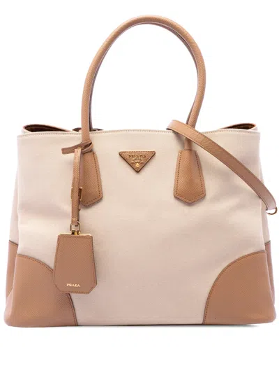 Pre-owned Prada 2019-2026 Medium Canvas And Saffiano Cuir Double Satchel In Neutral