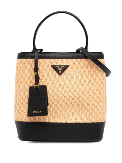 Pre-owned Prada 2019-2026 Medium Saffiano Trimmed Paglia Panier Bag Satchel In Black