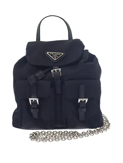 Pre-owned Prada 2019-2026 Mini Saffiano Trimmed Tessuto Drawstring Vela Backpack Satchel In Black