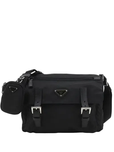 Pre-owned Prada 2019-2026 Saffiano Trimmed Re Nylon Zip Double Buckle Messenger Bag Crossbody Bag In Black