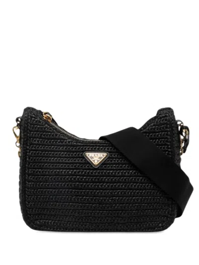 Pre-owned Prada 2019-2026 Yarn Effect Raffia Crochet Re Edition 2005 Satchel In Black