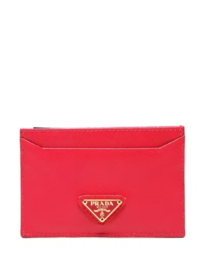 Pre-owned Prada 2020-2025 Saffiano Leather Triangle Logo Card Holder In Pink