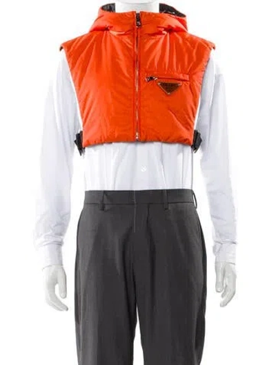 Pre-owned Prada 2020 Enameled Metal Triangle Puffer Coat In Orange