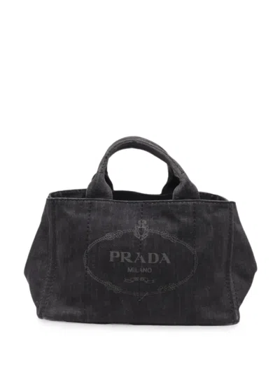 Pre-owned Prada 2020 Logo-print Tote Denim Bag In Black