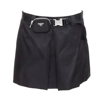 Pre-owned Prada 2020 Re-nylon Black Silver Triangle Logo Buckle Belt Mini Skirt It44 L
