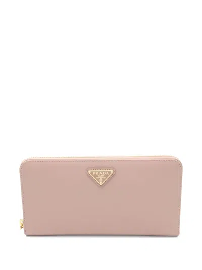 Pre-owned Prada 2020 Saffiano Triangle Zip Wallet In Neutral