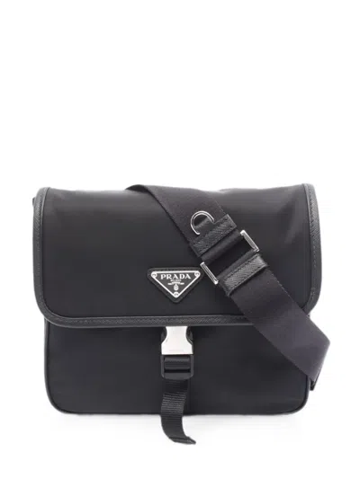 Pre-owned Prada 2020 Small Saffiano Leather Trim Shoulder Bag In Black