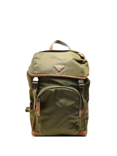 Pre-owned Prada 2020-2023 Re-nylon Logo Plate Backpack In Green
