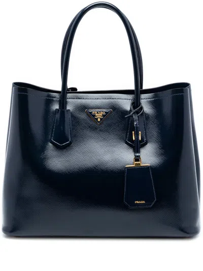 Pre-owned Prada 2020-2025 Medium Saffiano Vernice Double Satchel In Blue