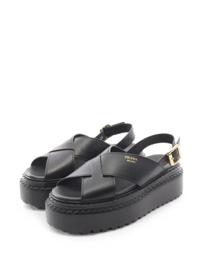 Pre-owned Prada 2020s Criss-cross Platform Sandals In Black