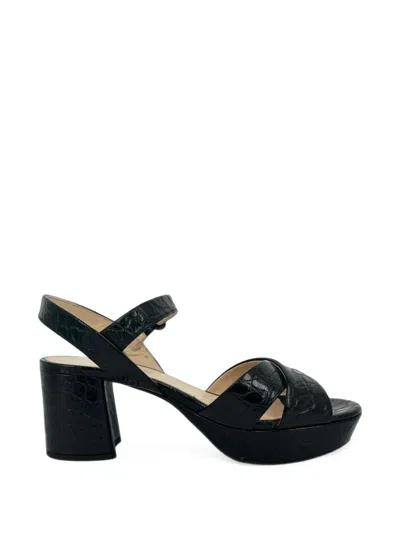 Pre-owned Prada 2020s Croc-embossed Crisscross Sandals In Black