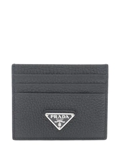 Pre-owned Prada 2020s Daino Trian Leather Card Holder In Black
