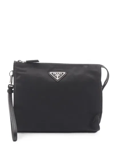 Pre-owned Prada 2020s Necessaire Leather-trim Clutch Bag In 黑色