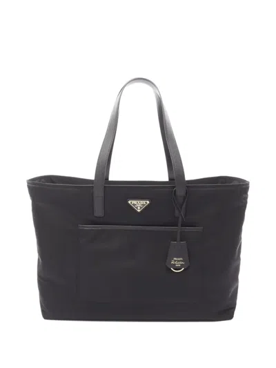 Pre-owned Prada 2020s Re-edition Leather-trimmed Tote Bag In Black