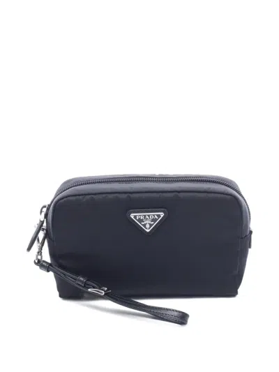 Pre-owned Prada 2020s Re-nylon Logo-plaque Pouch In Black