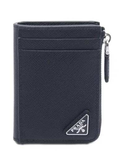 Pre-owned Prada 2020s Saffiano Triang Card-case Coin Purse In Black