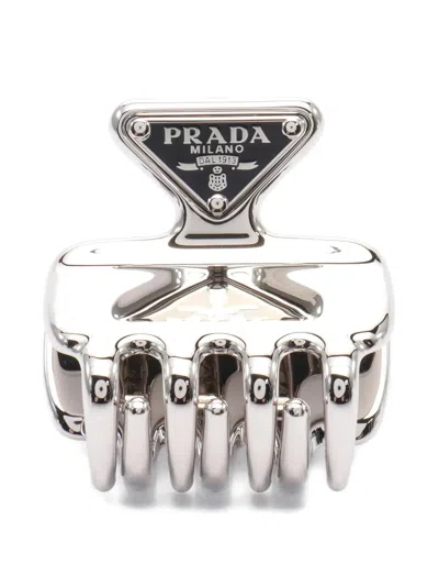 Pre-owned Prada 2020s Triangle-logo Hair Clip In Silver