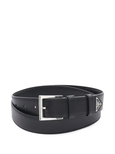 Pre-owned Prada 2020s Triangle-logo Leather Belt In Black