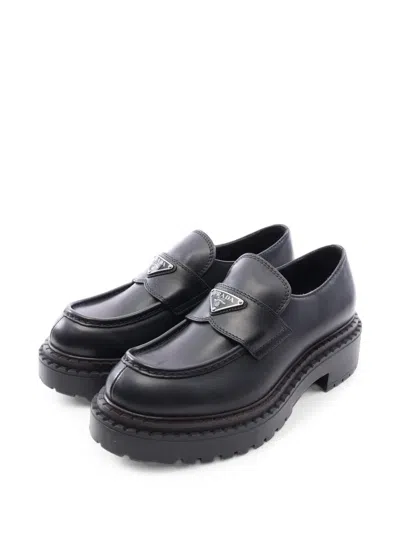 Pre-owned Prada 2020s Triangle-logo Leather Loafers In Black