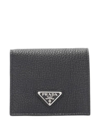 Pre-owned Prada 2020s Vitello Daino Enamel Triangle Logo Wallet In Black