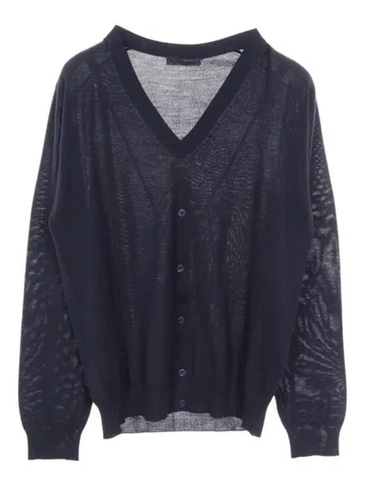 Pre-owned Prada 2020s V-neck Wool Cardigan In Blue