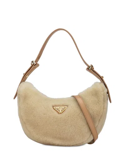 Pre-owned Prada 2021-2024 Shearling And Leather Arqu� Satchel In Brown