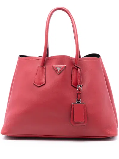 Pre-owned Prada 2021-2025 Large Saffiano Cuir Double Satchel In Red