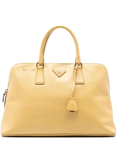 Pre-owned Prada 2021-2025 Large Saffiano Lux Promenade Satchel In Yellow