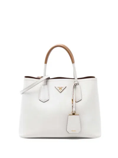Pre-owned Prada 2021-2025 Medium Bicolor Saffiano Cuir Double Satchel In White