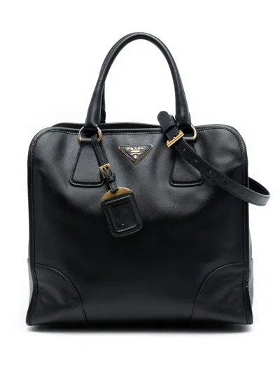 Pre-owned Prada 2021-2025 Saffiano Lux Convertible Tote Satchel In Black