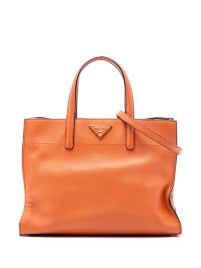 Pre-owned Prada 2021-2025 Saffiano Soft Triple Pocket Tote Satchel In Orange
