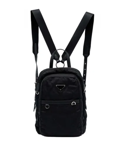 Pre-owned Prada 2021-2025 Saffiano Trimmed Impuntu Tessuto Backpack In Black