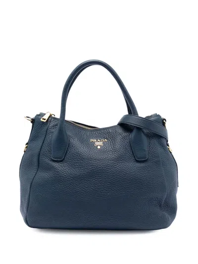 Pre-owned Prada 2021-2025 Vitello Daino Sacca 2 Manici Convertible Tote Satchel In Blue