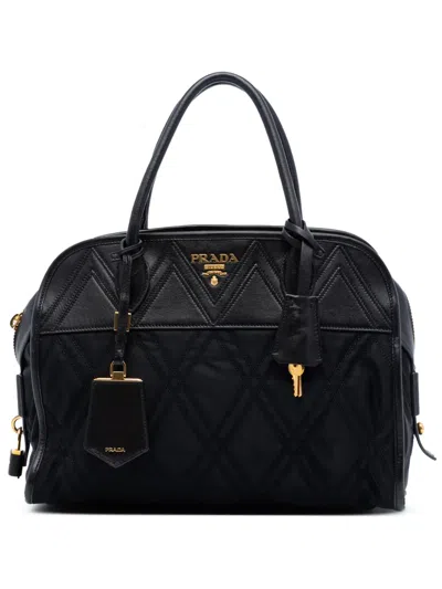 Pre-owned Prada 2021-2026 Tessuto Impunturato Bauletto Satchel In Black