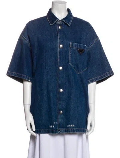 Pre-owned Prada 2021 Enameled Metal Triangle Denim Jacket In Blue