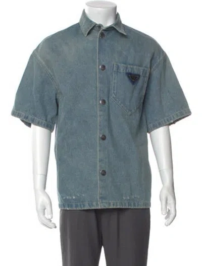 Pre-owned Prada 2021 Enameled Metal Triangle Denim Shirt In Blue