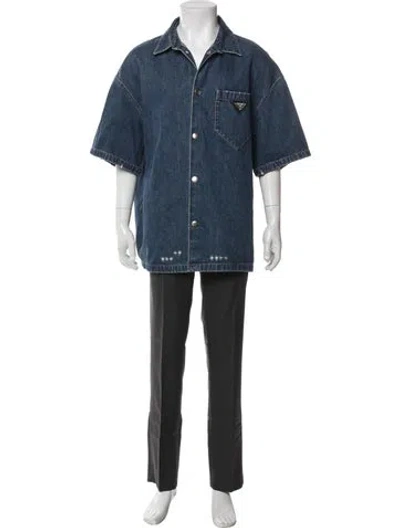 Pre-owned Prada 2021 Enameled Metal Triangle Denim Shirt In Blue