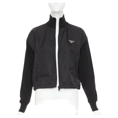 Pre-owned Prada 2021 Re Nylon Virgin Wool Silver Plague Logo High Neck Zip Jacket It38 Xs In Black