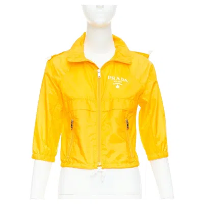Pre-owned Prada 2021 Re-nylon Citron Yellow White Logo Cropped Jacket Windbreaker It38 Xs