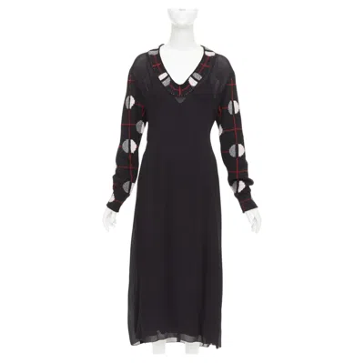 Pre-owned Prada 2021 Runway Black Sable Checkered Wool Sleeves V-neck Midi Dress It38 Xs