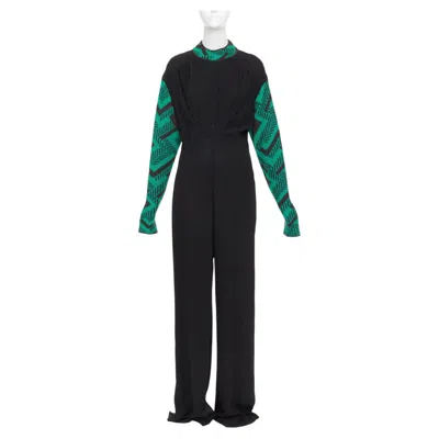 Pre-owned Prada 2021 Runway Black Sable Green Jacquard Wool Knit Pleated Jumpsuit It38 Xs