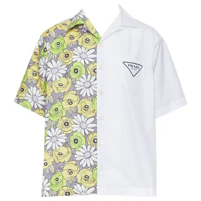 Pre-owned Prada 2021 Runway Double Match Blossom Daisy Floral Split Cotton Bowling Shirt : In Gray
