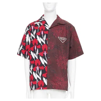 Pre-owned Prada 2021 Runway Double Match Red Iris Burgundy Floral Split Bowling Shirt L
