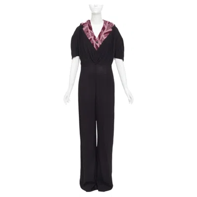 Pre-owned Prada 2021 Runway Pink Sable Jacquard Wool Knit Trim Pleated Jumpsuit It38 Xs