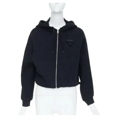 Pre-owned Prada 2021 Tonal Black Cotton Knit Triangle Logo Zip Up Cropped Hoodie Jacket S