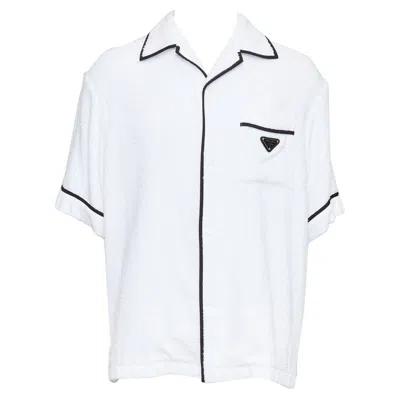 Pre-owned Prada 2021 White Terry Towelling Black Triangle Logo Plaque Bowling Shirt L